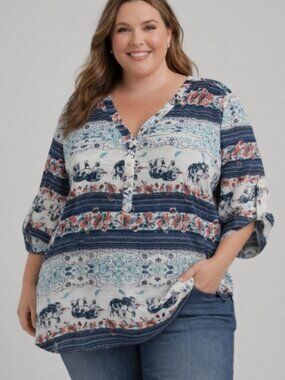 Justify Women’s Boho Elephant Print Tunic Blouse - V Neck, Tab Sleeve, Size 3X